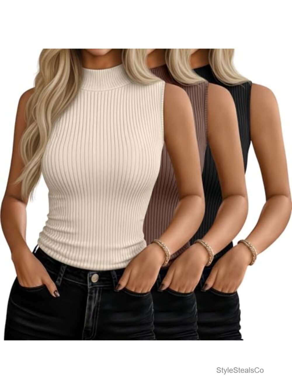 3 Pack Women's Sleeveless Mock Turtleneck Fitted Tank Tops